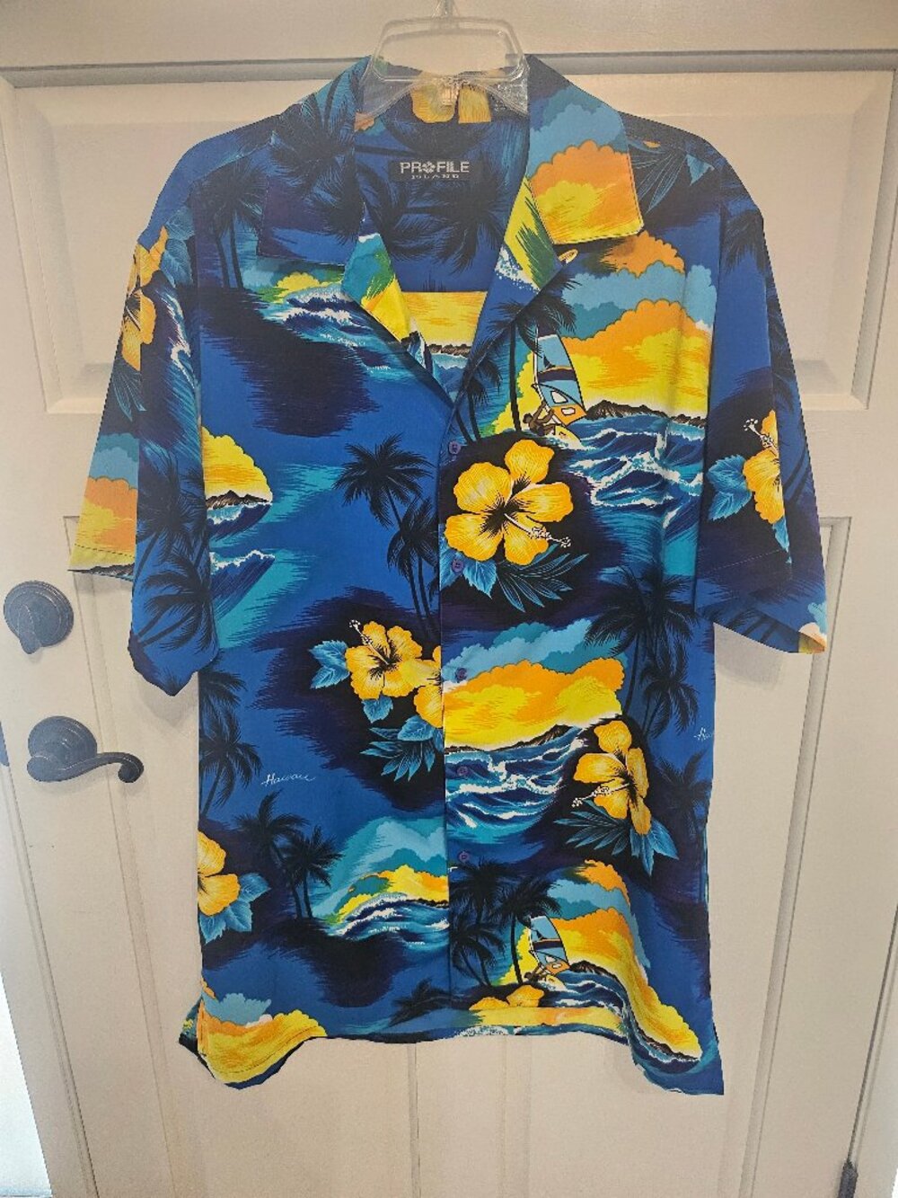 Profile Island Men's Hawaiian Shirt XLT Blue Palm Trees Tropical Beach Camp ECU
